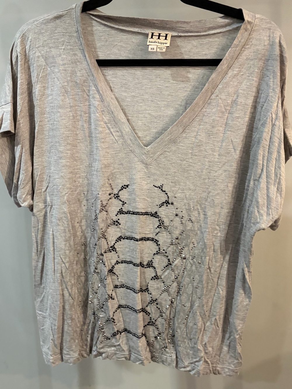 Haute Hippie Light Gray V-Neck Embellished Short Sleeve Tee